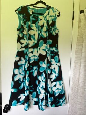 Sleeveless Floral Fit-and-Flare Dress in Teal and White